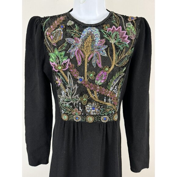 PAT SANDLER For Wellmore Vtg Black Knit Dress With Bead & Sequin Detail Sz 10 - Picture 2 of 11